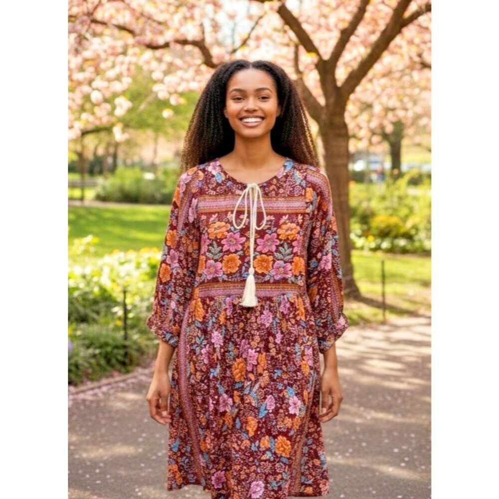 GiGiO USA womens NEW! hobo peasant oversized tassel floral breezy summer dress M